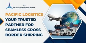 Illustration of a cargo truck, shipping containers, and a world map symbolizing seamless cross-border shipping with Pacific Logistics.