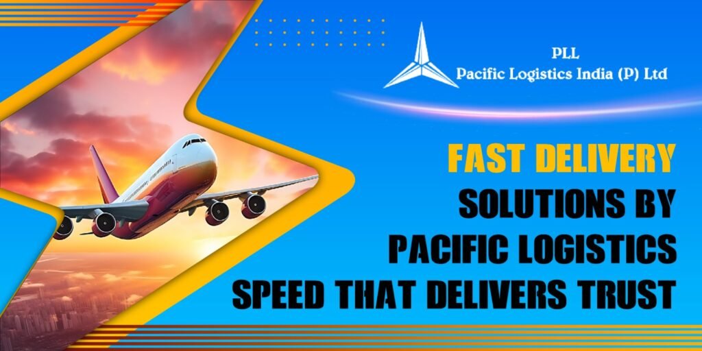 Delivery truck speeding along a highway with a clock and location icons, symbolizing fast and reliable delivery solutions provided by Pacific Logistics.