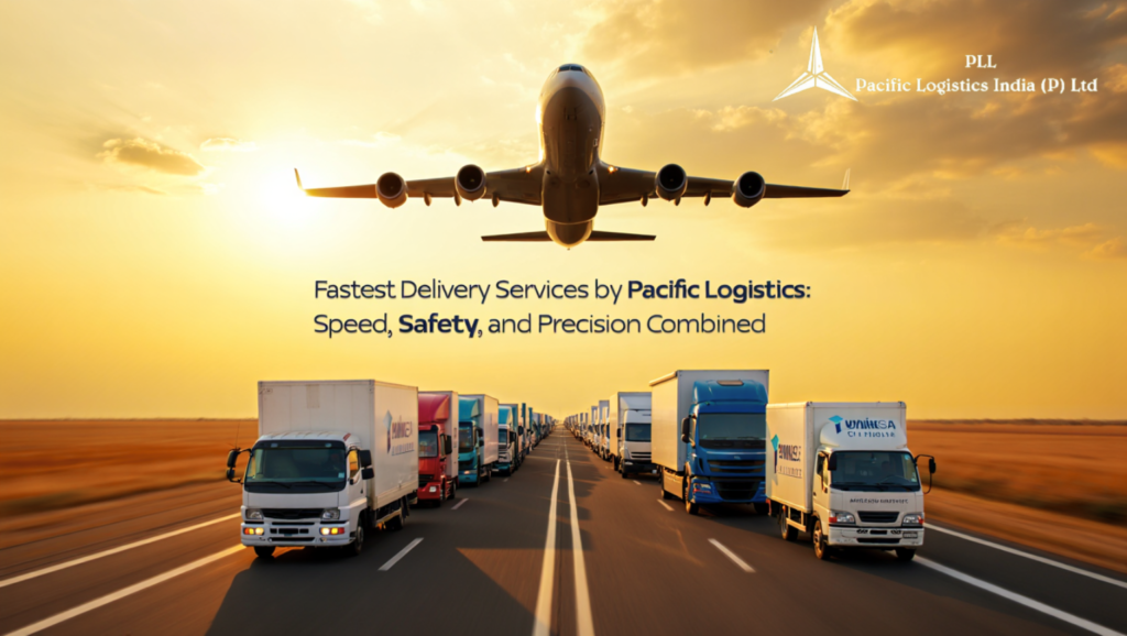 High-speed delivery truck on the move with safety symbols, GPS icons, and a stopwatch overlay, representing the fast, secure, and precise delivery services by Pacific Logistics.