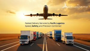 High-speed delivery truck on the move with safety symbols, GPS icons, and a stopwatch overlay, representing the fast, secure, and precise delivery services by Pacific Logistics.