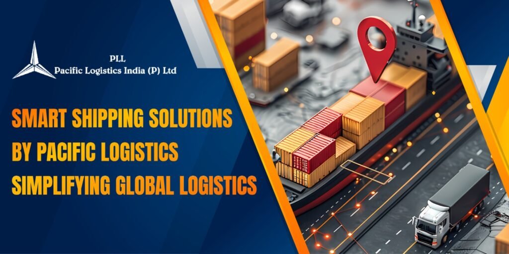 Modern cargo ship, airplane, and delivery truck connected by digital logistics icons, representing smart and simplified global shipping solutions by Pacific Logistics.