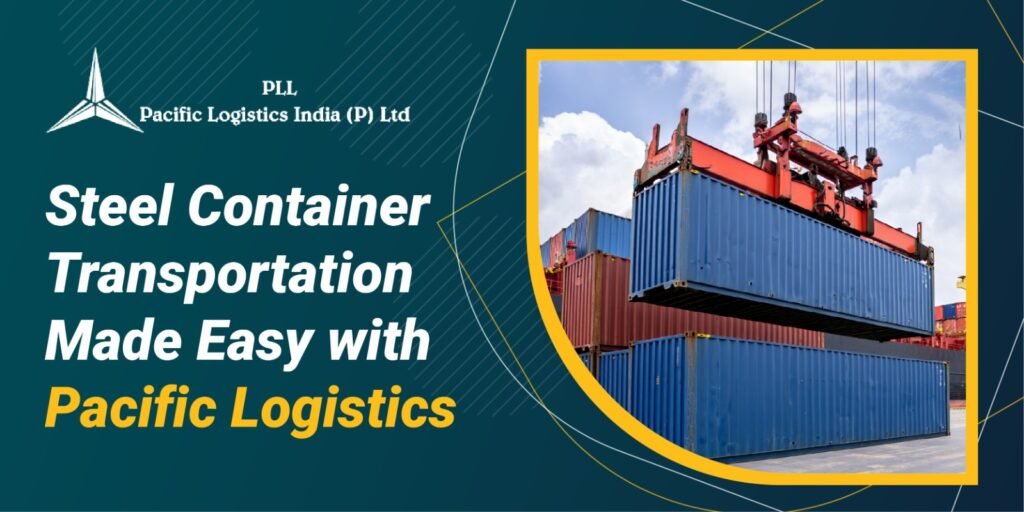 Cargo truck transporting large steel containers with a logistics hub in the background, representing efficient and reliable container transportation services by Pacific Logistics.
