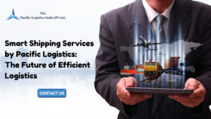 Modern logistics hub with automated systems, cargo transport vehicles, and digital tracking interfaces, representing Pacific Logistics’ smart shipping services as the future of efficient logistics.
